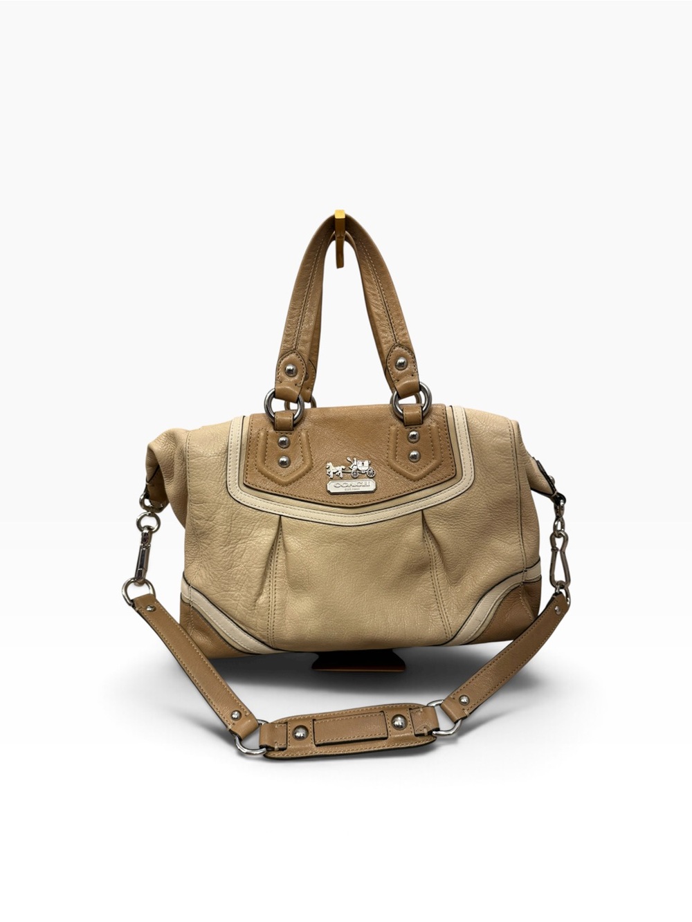 Coach Two-Tone Leather Satchel Shoulder Bag Tan Cream Removable Strap